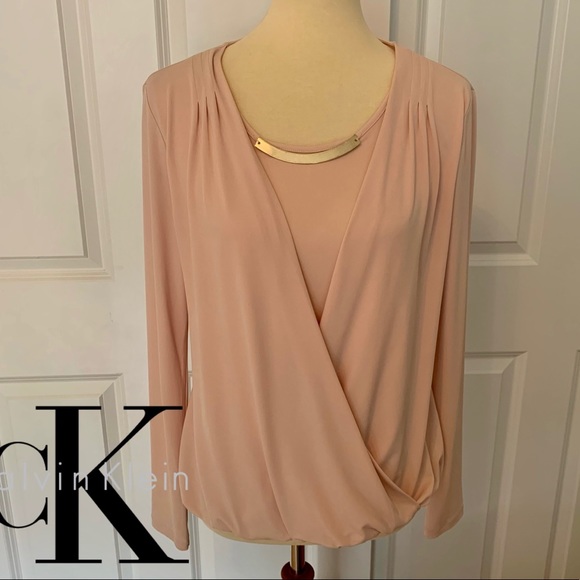Calvin Klein Tops - CALVIN KLEIN Blush Pink Wrap Blouse w/ Gold Detail